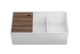 **CLEARANCE** Julien 103619 WHITE FIRA DOUBLE UNEQUAL BOWL FIRECLAY FARMHOUSE SINK WITH APRON FRONT AND ACCESSORY LEDGE - 36 x 19 x 11-1/2" (WxDxH) (Clearance Item)