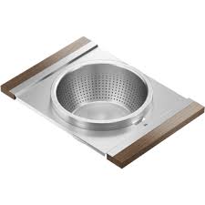 **CLEARANCE** Julien HRF 225207 WALNUT HANDLED STAINLESS STEEL BOWL  COLANDER  AND SERVING BOARD FOR 16" SINKS - 12 x 17 x 4" (WxDxH) (Clearance Item)