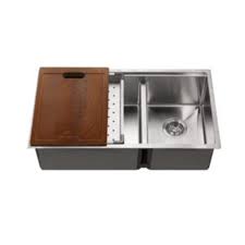**CLEARANCE** HMT REN-16-3218D RENDEZVOUS SERIES 16 GAUGE UNDERMOUNT STAINLESS STEEL DOUBLE UNEQUAL BOWL KITCHEN SINK - INCLUDES ACCESSORIES - 31-9/16 x 17-13/16 x 9" (WxDxH)"